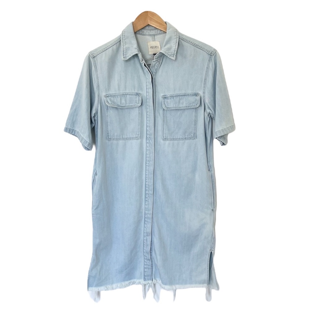 Hidden Denim Jean Frayed Mini Button Up Dress